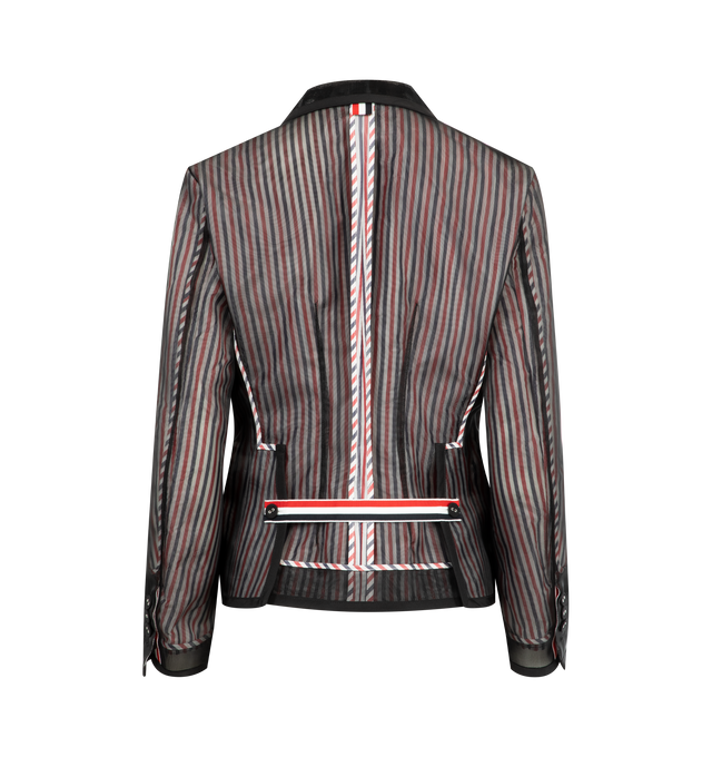 Image 2 of 3 - BLACK - THOM BROWNE Silk Organza Sportcoat featuring front button closure, 2 front flap pockets, single chest pocket, buttoned backstrap with signature striped grosgrain trim, visible tricolor stripe lining, interior pockets with name tag and signature striped grosgrain loop tab. 100% silk. 100% polyamide. Lining: 100% cupro. Made in Italy.