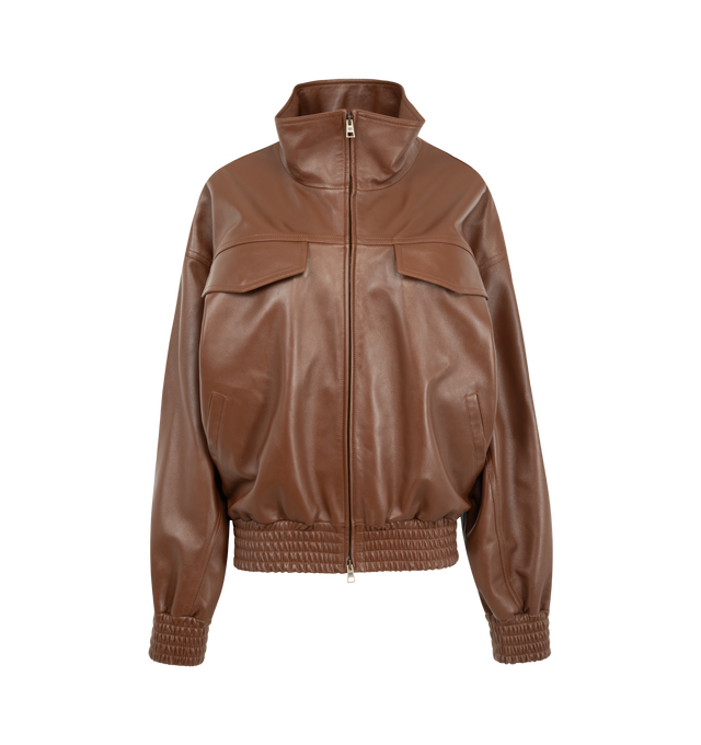 Image 1 of 3 - BROWN - BALENCIAGA High Collar Blouson featuring smooth light lambskin, high stand collar, front two-way zip closure, 2 snap-flap chest pockets, 2 side pockets, elasticated trims and debossed Balenciaga logo at the upper black. Lambskin. Lining: 100% viscose. Made in Italy.