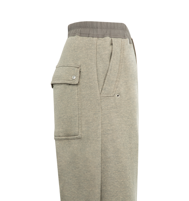 Image 3 of 3 - GREY - DRKSHDW Geth Belas Pant featuring an elastic waistband with a drawstring, generously sized patch pockets with button flaps, muted earthy tone paired with a darker waistband and wide fit. 84% cotton, 16% polyester. Made in Italy.