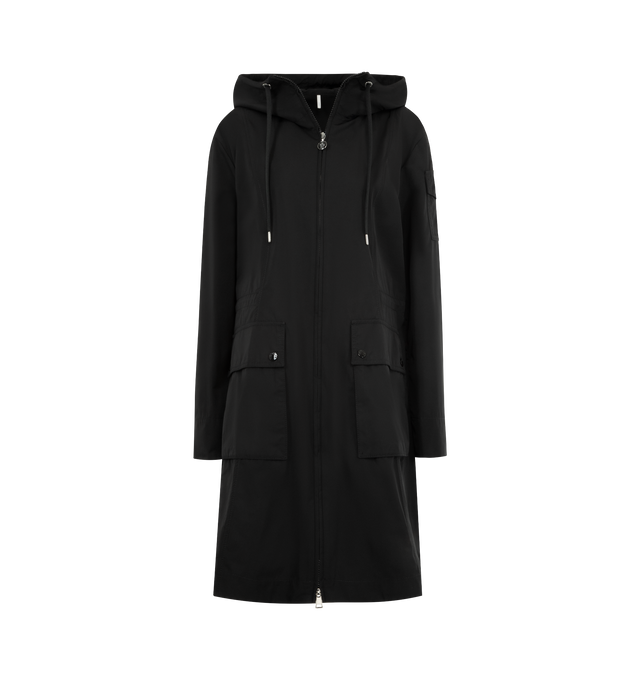 Image 1 of 3 - BLACK - MONCLER Laerte Hooded Parka featuring poplin technique, adjustable hood, zipper closure, patch pockets with snap button closure, sleeve pocket and waistband with drawstring fastening. 60% polyester, 40% cotton. Made in Moldova.