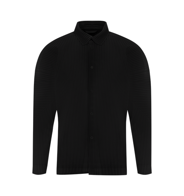 Image 1 of 2 - BLACK - ISSEY MIYAKE Pleated Shirt featuring a regular collar, button front closure, long sleeves and pleated throughout. 100% polyester.