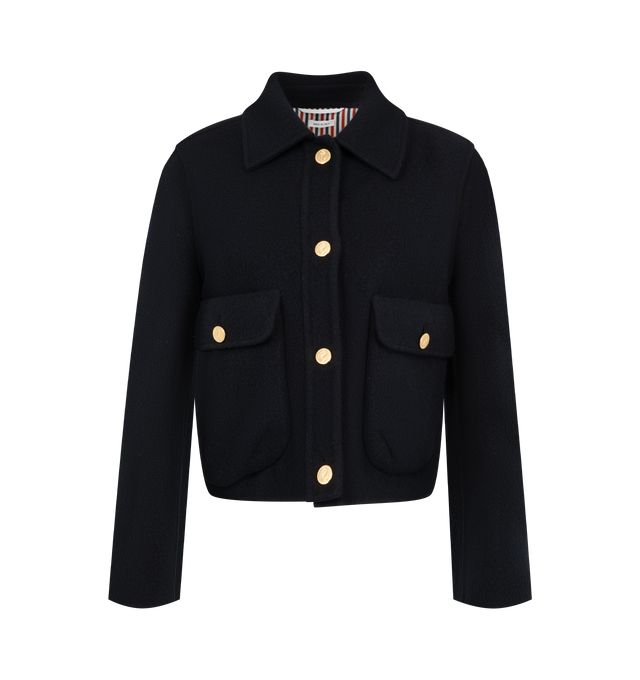 Image 1 of 3 - BLUE - Thom Browne Womens Bell Sleeve Boiled Wool Jacket is crafted from boiled virgin wool and features a sculptural silhouette with bell sleeves, front anchor-detailed button closure, bellows flap hand pockets, a tricolor-lined back yoke, and the signature striped grosgrain loop tab. This designer wool jacket combines architectural tailoring with a modern silhouette for elevated everyday layering. Main Material: 100% Virgin Wool; Lining: 100% Silk. Made in Italy.