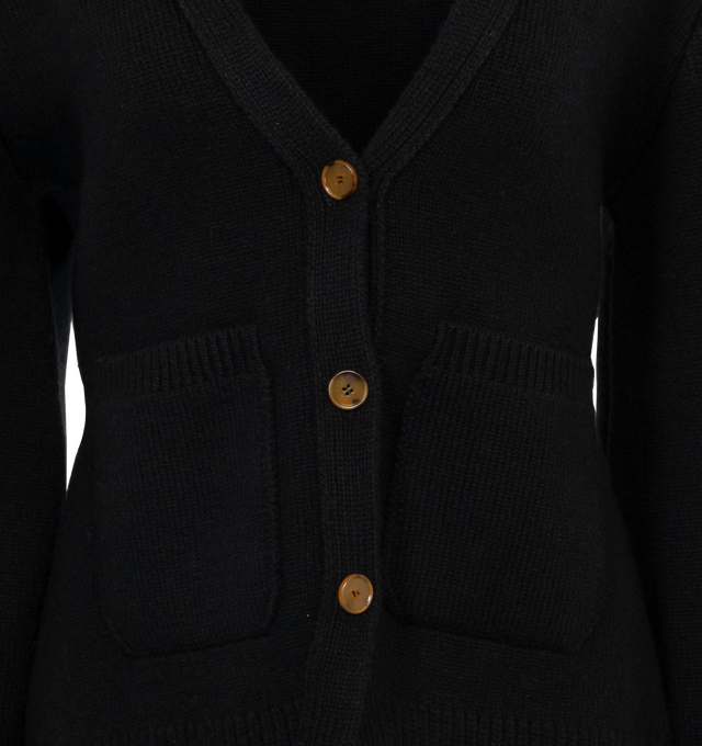 Image 3 of 3 - BLACK - KHAITE Scarlet Cardigan featuring fisherman's rib-stitched trim, patch pockets, tortoiseshell buttons, deep v-neck, cropped silhouette and extended sleeves. 95% cashmere 5% elastane. 