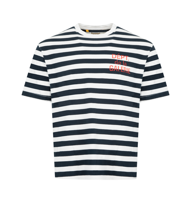 Image 1 of 2 - NAVY - GALLERY DEPT. French Tee featuring short sleeve tee, relaxed fit, shrunken FRENCH logotype on the front and enlarged logotype on the back and all-over camo print. 100% cotton. Made in USA.