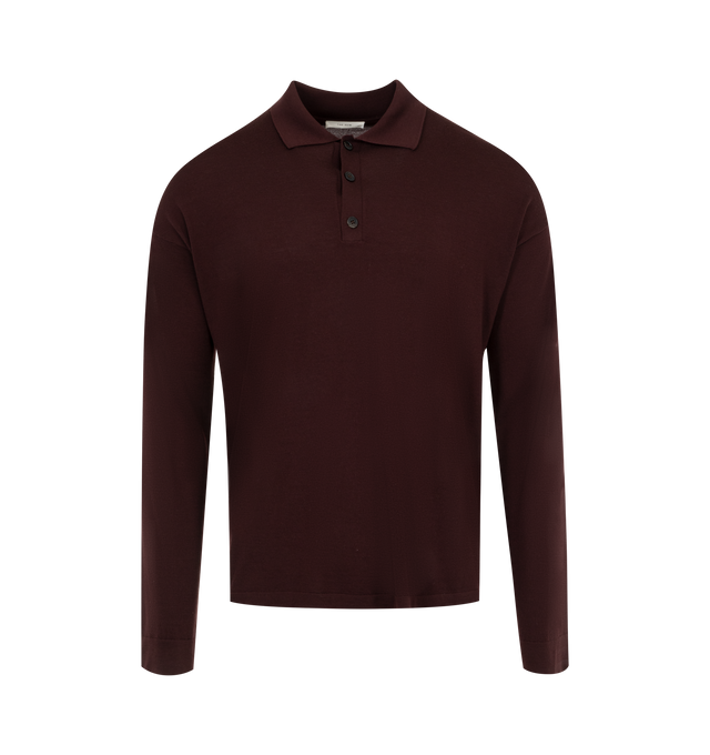 Image 1 of 2 - RED - The Row Men's long-sleeved polo in extra fine wool jersey with 3-button collar, boxy fit, and signature center back detail. 100% Wool. Made in Italy.