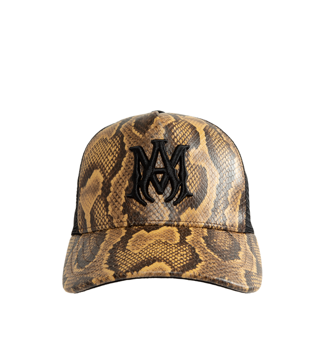 Image 1 of 2 - MULTI - Amiri Python MA Trucker Hat is crafted from python-embossed leather and features MA icon embroidery, a curved brim, embroidered eyelets, and a double snapback closure. Designed with a classic trucker silhouette, this statement accessory combines textured leather construction with signature Amiri branding. Main Material: Leather.