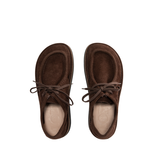 Image 5 of 5 - BROWN - LOEWE Faro lace-up in suede calfskin featuring a moc-toe construction and a bulky toe shape outlined by suede piping, flat cotton laces and a lightweight rubber sole. Calf suede. Made in Italy.