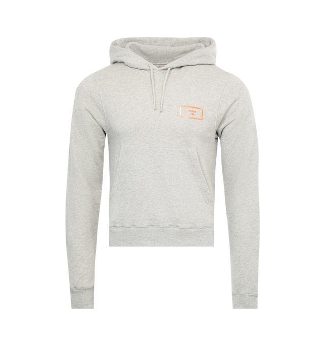 Image 1 of 2 - GREY - MARTINE ROSE  Shrunken Hoodie designed for a tight fit, crafted from soft jersey featuring a silicone gel printed Martine Rose box logo in orange. Features branded drawstring, front pocket, ribbed cuffs and waistband. Unisex brand in men's sizing. 100% Cotton.  