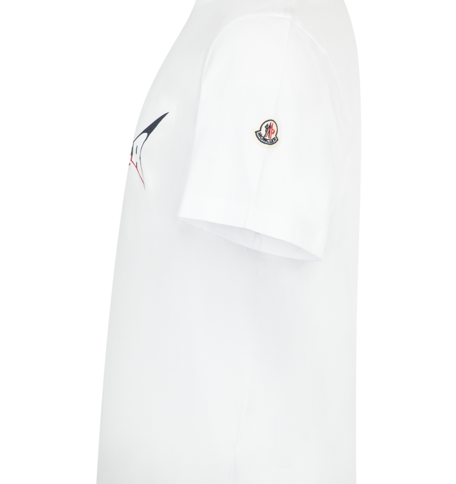 Image 3 of 3 - WHITE - MONCLER Shark Logo Cotton T-Shirt featuring organic cotton jersey, crew neck, short sleeves and printed shark logo motif. 100% cotton.