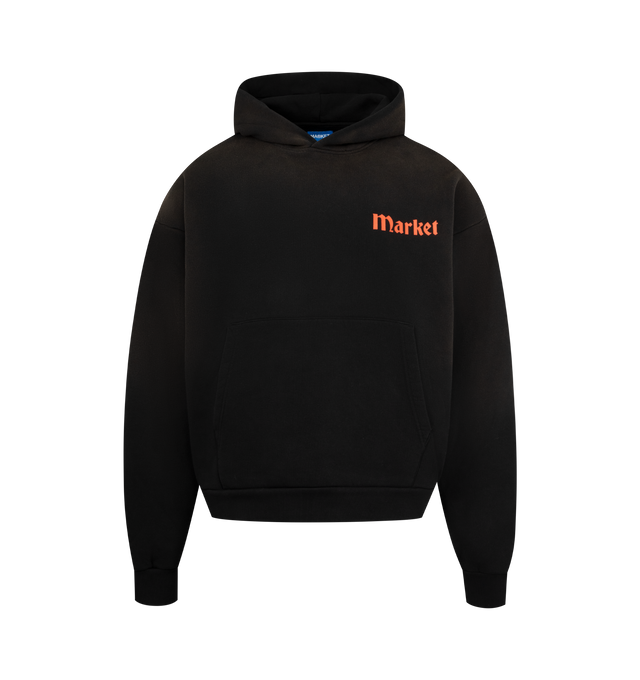 Image 1 of 2 - BLACK - MARKET True Tred Graphic Hoodie featuring hooded pullover sweatshirt, graphics on front and back, pouch front pocket, ribbing trims and boxy and oversized fit. 100% cotton.