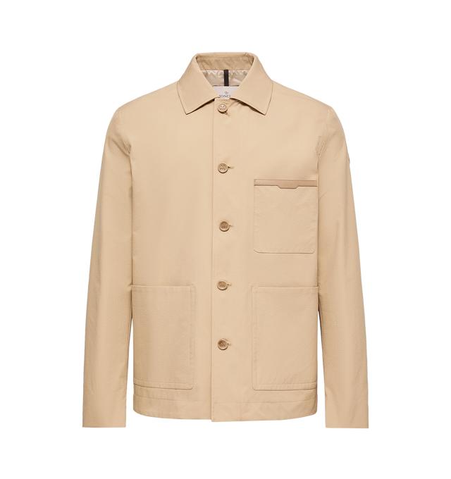 Image 1 of 1 - BROWN - MONCLER Nanav Seersucker Shirt Jacket featuring water-repellent main fabric, Airsoft lining, zipper and button closure, inside pockets with snap button and zipper closure, fabric description label and leather logo patch. 100% polyester.