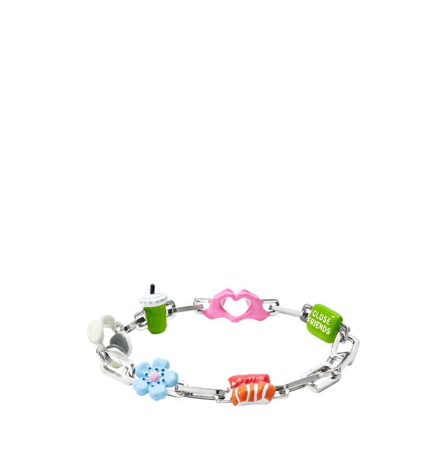 Image 3 of 9 - MULTI - Poubel by The Gstaad Guy Colton completed bracelet set. An ode to the hypebeast homies, matcha wifeys, and everything in between, The Colton Completed Set includes: 1x Close Friends Charm, 1x Heart Hands Charm, 1x Iced Matcha Charm, 1x Headphones Charm, 1x Fleur Bleue Charm (also known as The Blue Flower), 1x Sushi Charm, 9x interchangeable sterling silver links. Poubel links are made with recycled, rhodium plated, sterling silver, comprised of 92.5% pure silver and 7.5% other metal