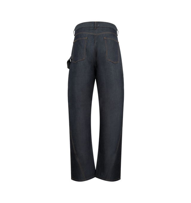 Image 2 of 3 - BLUE - JW ANDERSON Twisted Workwear Jeans featuring a workwear silhouette, diagonal seams at the legs, a patch pocket at the side, belt loops, side patch pocket, back patch pocket and zip fly with button closure. 100% cotton. Made in Italy.