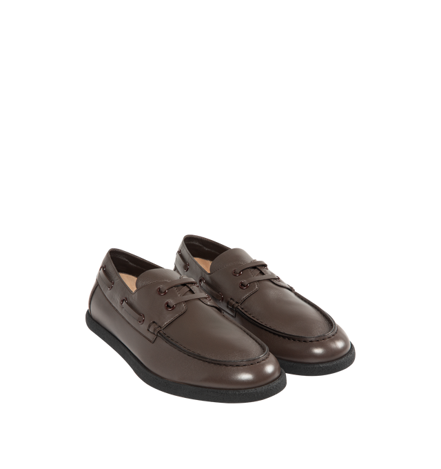 Image 2 of 4 - BROWN - THE ROW Novus Sailor Loafers featuring cow leather upper and sole, lace-up front, cow leather footbed and lining and square toe. Made in Italy.