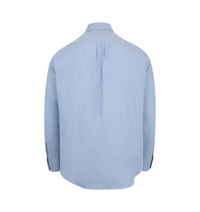 Image 2 of 2 - BLUE - Moncler Men's embroidered logo shirt crafted from Oxford cotton. Featuring an embroidered varsity-style logo, classic collar with mother-of-pearl button closure, snap button closure, pockets with snap button closure and adjustable cuffs.