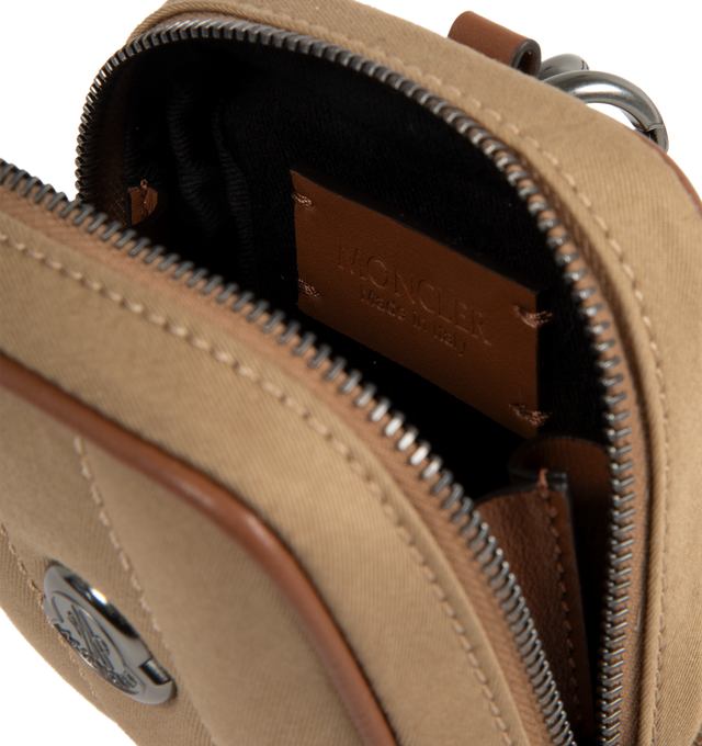 Image 3 of 3 - BROWN - MONCLER Mini Pouch featuring double zipper closire, logo on front and leather strap. Canvas/leather.