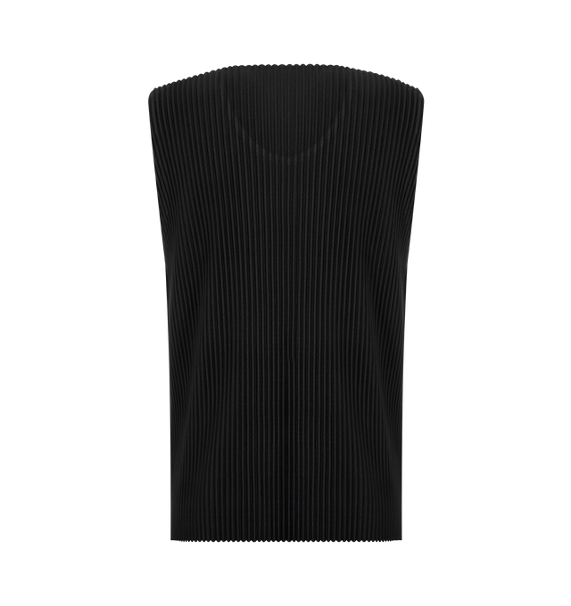 Image 2 of 2 - BLACK - Issey Miyake Men's round-neck sleeveless top in a simple design makes it ideal as an inner layer for styling with a jacket. Featuring the portability and light comfort of the polyester material that is inherently quick drying with slits on both sides. 100% Polyester. Made in Japan.