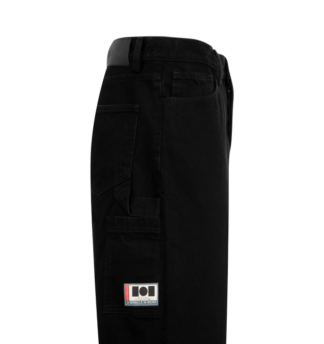 Image 3 of 3 - BLACK - Nahmias Denim Baggy Carpenter Shorts featuring regular fit, button closure, hammer loop on the back, carpenter pocket on the back and leather patch on the back. 100% cotton.