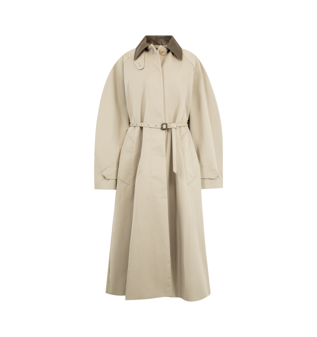 Image 1 of 3 - NEUTRAL - ACNE STUDIOS Trench Coat featuring relaxed fit, leather collar, throat latch, matching belt, side pockets, sleeve tabs, invisible button closure and logo label. 42% nylon, 58% cotton. Lining: 100% viscose. Collar: 100% cow leather.