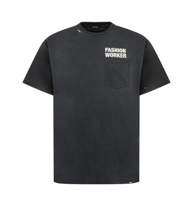 Image 1 of 2 - BLACK - WILLY CHAVARRIA Fashion Worker Easy Tee featuring round neck, washed out graphic print on the front and back, patch pocket on the chest and relaxed fit. 100% cotton.