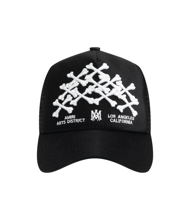 Image 1 of 3 - BLACK - AMIRI Bones Stacked Trucker Hat featuring embroidered with a Stacked Bones design on the face with signature logo details and back adjustable closure. 100% cotton. Lining: 100% lyocell. Mesh: 100% polyester. Made in USA.