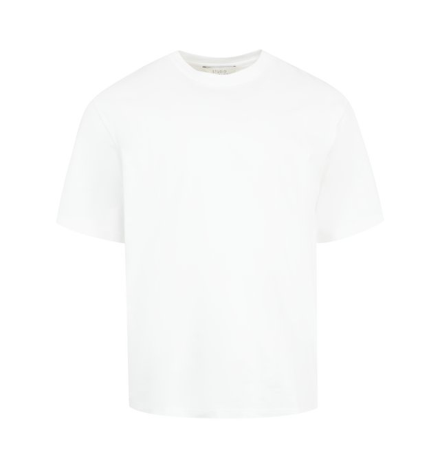 Image 1 of 2 - WHITE - Studio Nicholson Men's boxy fit tee-shirt crafted from heavyweight mercerized jersey featuring crew neck, tonal SN branded detailing, oversized fit. 100% Cotton. Made in Portugal.