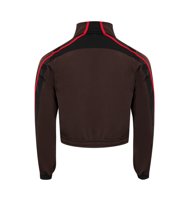 Image 2 of 3 - BROWN - MARTINE ROSE Shrunken Track Jacket featuring stand collar, two-way zip closure, logo embroidered at chest, zip pockets, elasticized hem, piping and striped trim at sleeves and rib-knit cuffs. 100% polyester. Made in Portugal.