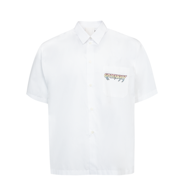 Image 1 of 3 - WHITE - GIVENCHY Summer Tour Printed Shirt featuring spread collar, button closure, logo graphic printed at chest, patch pocket and graphic printed at back. 100% cotton. Made in Portugal. 
