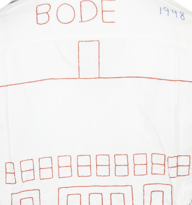 Image 4 of 4 - WHITE - BODE Familial Hall Shirt featuring open spread collar, button closure, single-button barrel cuffs, logo embroidered at back collar, graphic embroidered at back and pleats at back yoke. 100% cotton. Made in India. 