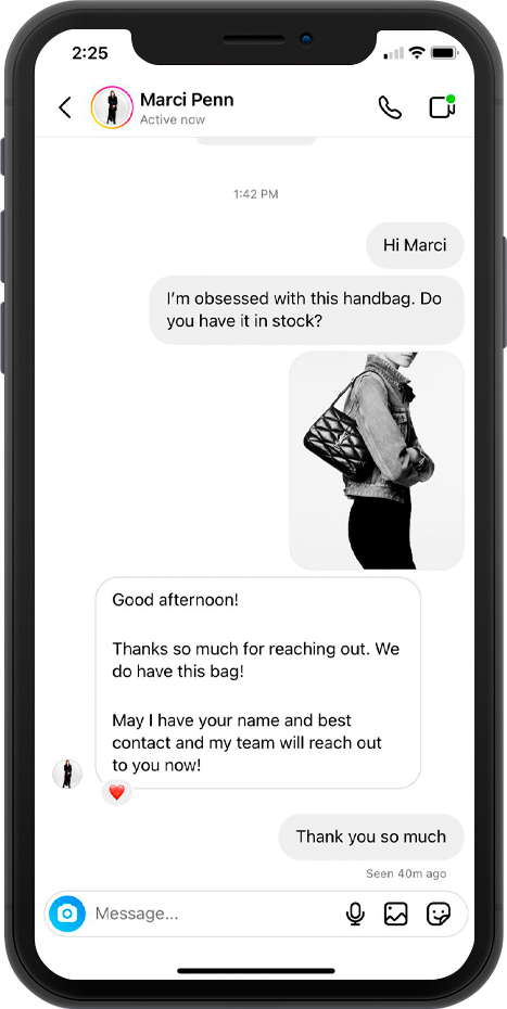 Marci Penn Hirshleifer's iPhone chat with client seeking Saint Laurent shoulder bag 