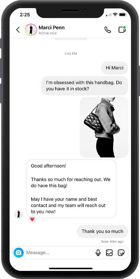 Marci Penn Hirshleifer's iPhone chat with client seeking Saint Laurent shoulder bag