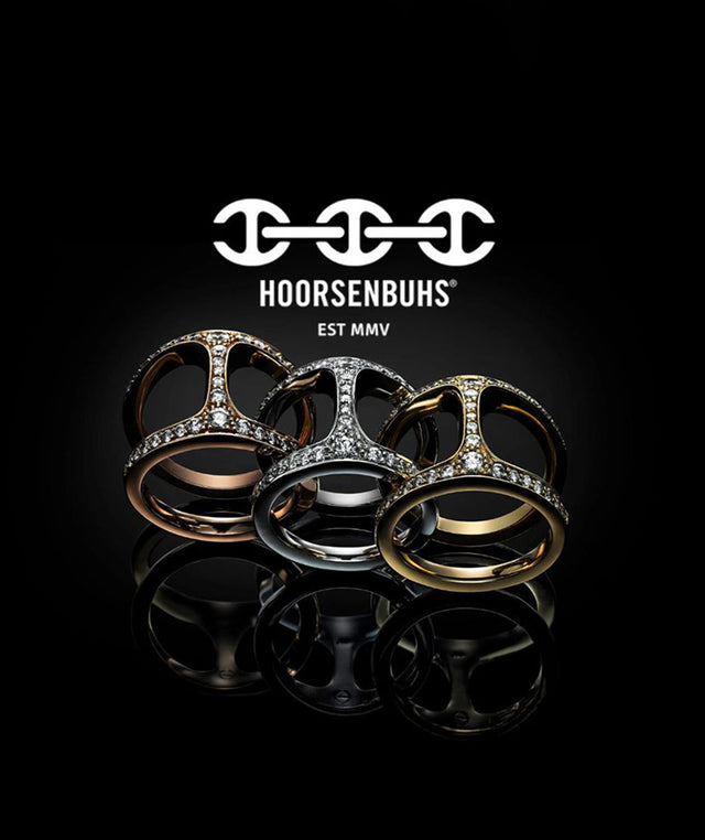 3 rings by Hoorsenbuhs- yellow gold, platinum and rose gold each with diamonds 