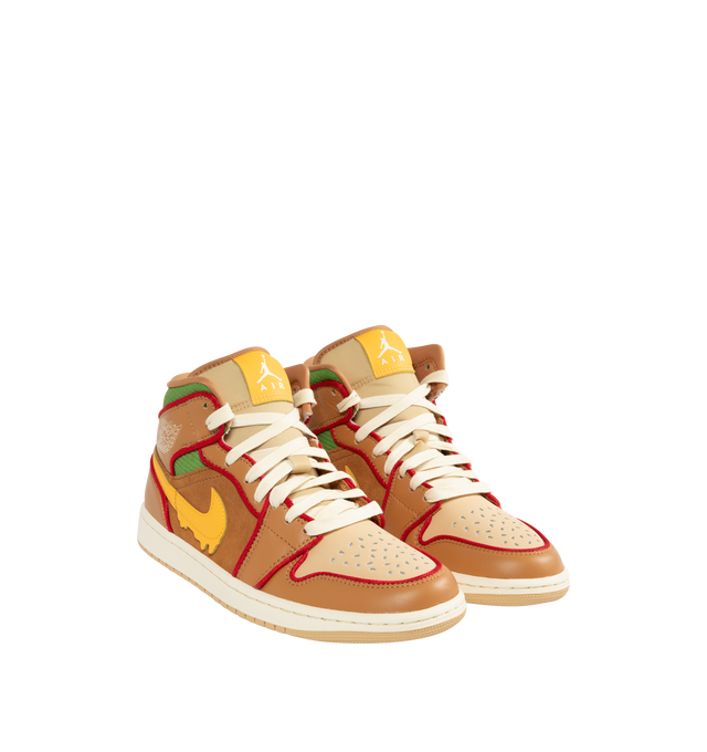 Image 2 of 5 - BROWN - JORDAN Air Jordan 1 Mid SE Sneaker featuring genuine leather upper, Nike Air technology, soft foam midsole, rubber outsole, wings logo on collar and jumpman on tongue.