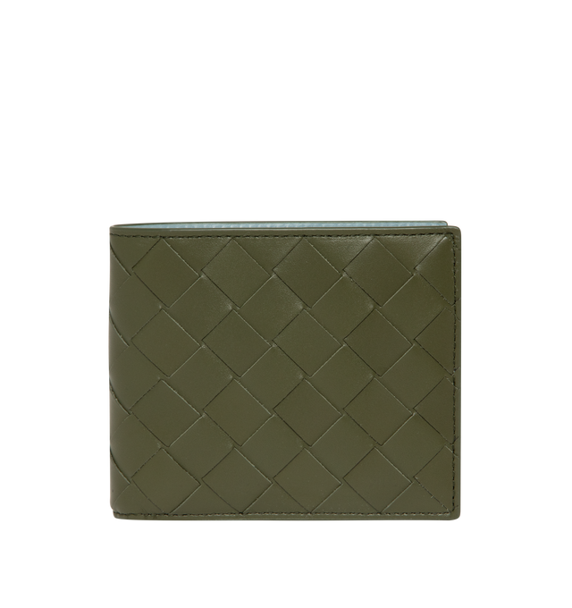 Image 1 of 3 - GREEN - Bottega Veneta Intrecciato Bi-Fold Wallet featuring intrecciato calfskin leather wallet with contrasted interior, eight card slots, two bill compartments, two additional pockets. 3.7 x 4.3 x 0.4. Calfskin. Made in Italy.