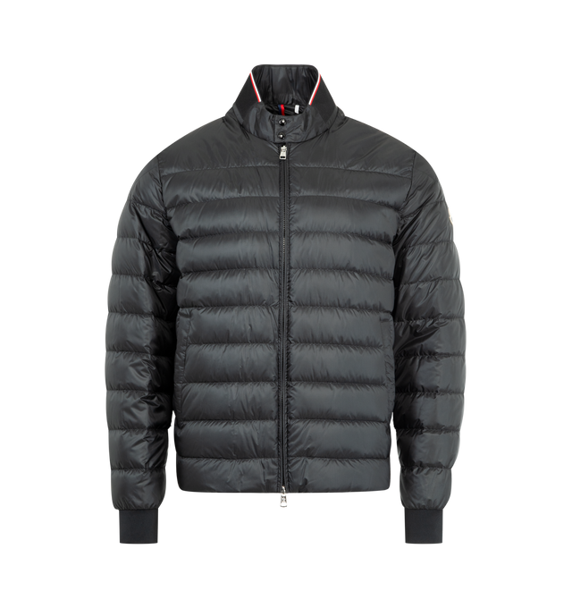 Image 1 of 3 - BLACK - MONCLER Rigel Short Down Jacket featuring micro ripstop lining, collar with tricolor trim, zipper and snap button closure, pockets with snap button closure, inside zipped pocket and ribbed cuffs and hem. 100% polyamide/nylon. Padding: 90% down, 10% feather