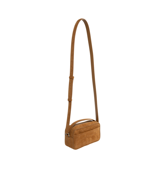 Image 2 of 4 - BROWN - JACQUEMUS Le Baneto Bag featuring leather camera bag, rectangular shape, crocodile-embossed calf leather, zipper closure, zip-puller-handle for hand-carrying, removable, adjustable cross-body shoulder strap, patch pocket on front and back, interior card pocket and silver metal logo and hardware. 20cm x 10cm x 7cm. 100% calfskin. Lining: 100% cotton. Made in Italy.