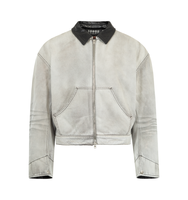 Image 1 of 3 - GREY - ACNE STUDIOS Faded Denim Bomber Jacket featuring leather collar, crafted from organic cotton denim with whisker details, kangaroo pockets, a two-way zip closure, snap button cuffs, a leather logo patch on the back neckline, regular fit and below-waist length. 100% cotton. Filling: 100% polyester.