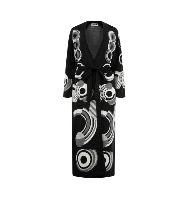 Image 1 of 2 - BLACK - LIBERTINE Sonia Belted Cardigan featuring relaxed fit, self tie at waist, midi length and pattern throughout. 100% cashmere. Made in USA.