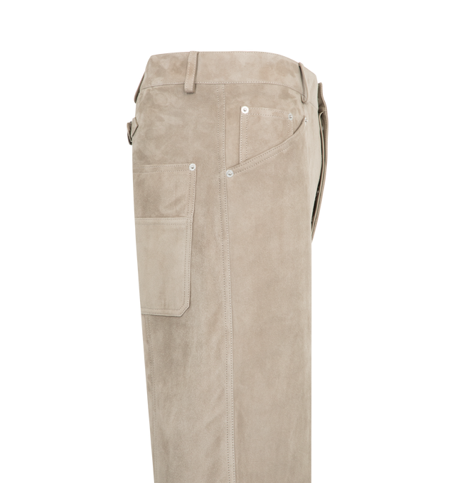 Image 3 of 3 - GREY - Bottega Veneta Mens Straight-Leg Suede Pants are crafted from full-grain suede leather. Feature a straight-leg silhouette, button closure, and half-lined construction. Main Material: Full-Grain Suede Leather. Made in Italy.