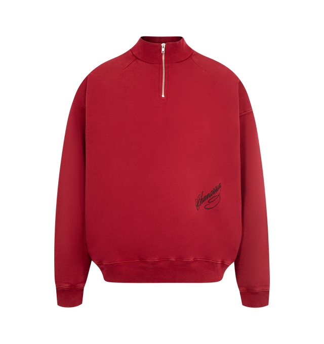 Image 1 of 3 - RED - WILLY CHAVARRIA Bravo Quarter-Zip Sweatshirt featuring stand collar, long sleeves, elasticized trim and front quarter-zip closure. 100% cotton. Made in USA.