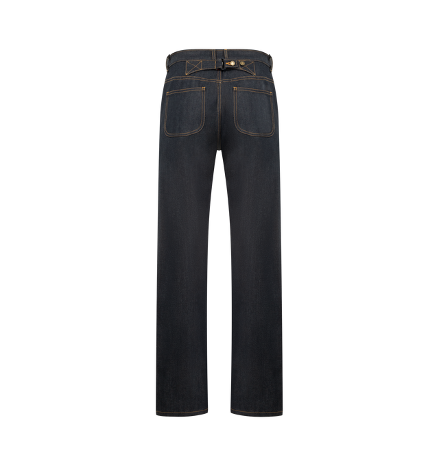 Image 2 of 3 - NAVY - THOM BROWNE Selvedge Denim 5 Pocket Pant featuring button fly closure, 5-pocket style, adjustable buttoned backstrap, selvedge detail visible at inner cuffs and signature striped grosgrain loop tab. 100% cotton. Made in Japan.