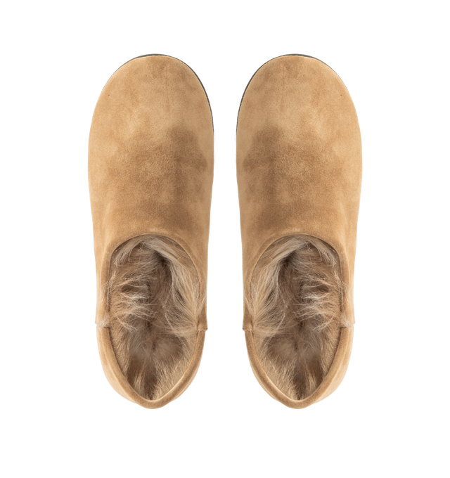 Image 4 of 4 - BROWN - CHRISTEN Big Bootie featuring flat slip on bootie, flexible textured TPU outsole, lined in goat shearing and round toe. Santiago suede. Made in Italy.