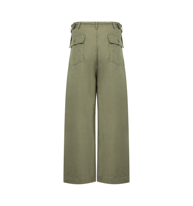 Image 2 of 3 - GREEN - NEEDLES H.D. Pant featuring paneled construction, zipper and button closure, adjustable drawstring at the waist, two side welted pockets, two back pockets with flap and button closure and oversized fit. 100% cotton. Made in Japan.