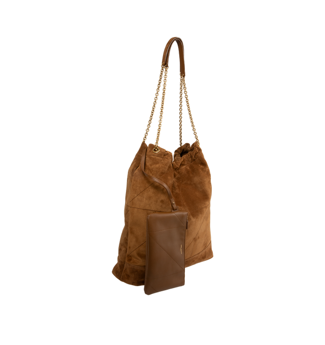 Image 3 of 4 - BROWN - SAINT LAURENT Jamie Large Pochon Bag featuring topstitching, drawstring chain for bespoke carry options, a removable zip pouch, certified cotton lining, bronze-tone hardware and magnetic closure. 13.4 x 10.2 x 0. inches. Strap drop: 12.6 inches. Calfskin. Made in Italy.