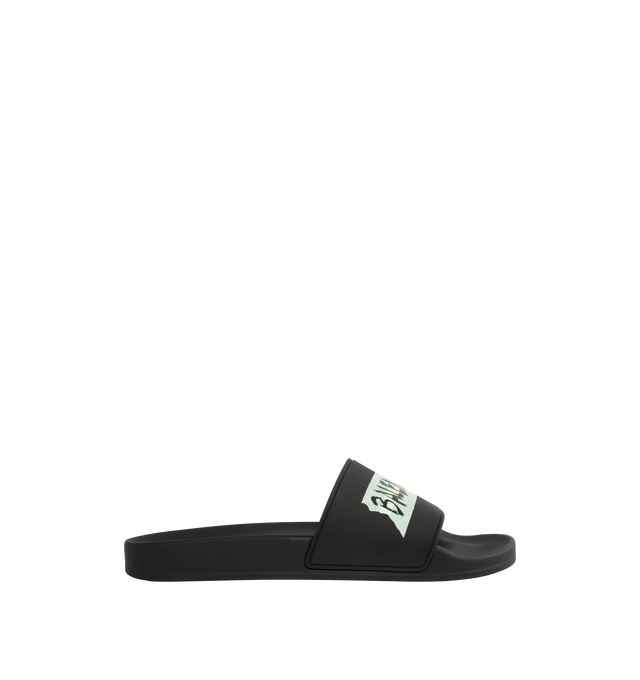 Image 1 of 4 - BLACK - BALENCIAGA Pool Slide Sandal featuring molded rubber footbeds, Balenciaga masking tape artwork on the strap and tone-on-tone sole and insole. Polyurethane, TPU. Made in Italy.