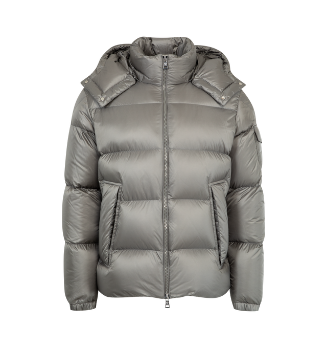 Image 1 of 4 - GREY - MONCLER Couyere Hooded Short Down Jacket featuring micro ripstop lining, down-filled, detachable and adjustable hood, zipper closure, zipped pockets, sleeve pocket with snap button closure, elastic cuffs and hem with drawstring fastening. 100% polyamide/nylon. Padding: 90% down, 10% feather. Made in Italy