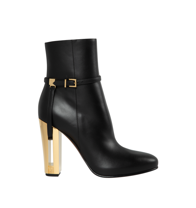 Image 1 of 4 - BLACK - FENDI Delfina Ankle Boots featuring round-toe, side zipper closure on the inside, heel with cut-out detail and gold-colored metal FF motif. 105MM. 100% calfskin. 