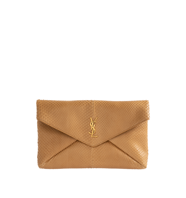 Image 1 of 3 - BROWN - SAINT LAURENT Large Envelope Clutch in Python featuring metal-free tanned leather, leather lining, bronze-tone hardware and magnetic flap closure with the cassandre. 11.6" x 7.1" x 1.8". Python, brass. Made in Italy.