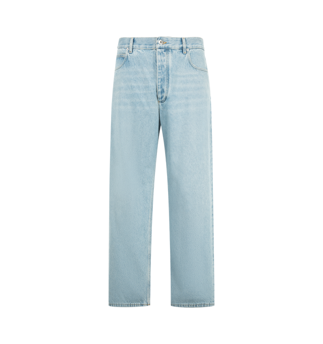 Image 1 of 3 - BLUE - Bottega Veneta Mens Wide-Leg Jeans are crafted from sky-bleached denim. Feature a wide-leg silhouette, button closure, and embossed Intrecciato leather back patch. Main Material: Denim. Made in Italy.