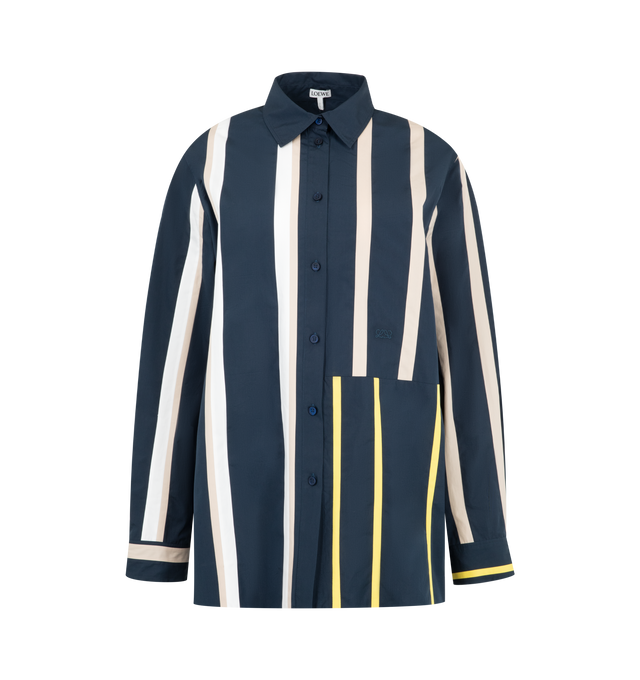 Image 1 of 2 - BLUE - Loewe Womens Striped Shirt is crafted from lightweight cotton poplin. Features a regular fit, classic collar, button-front closure, buttoned cuffs, striped patchwork detailing, and Double L embroidery at the front. Main Material: 100% Cotton. Made in Madagascar.